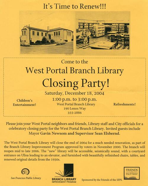 West Portal Branch closing party, flyer; 2004