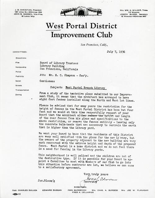 Letter from West Portal District Improvement Club; 1936