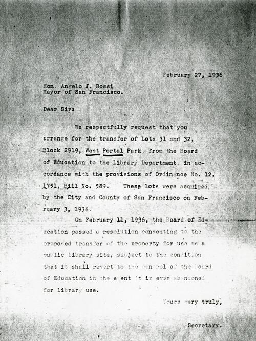 Letter to Mayor Rossi  from Board of Education; 1936