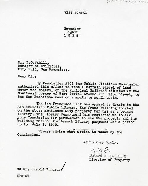 Letter from San Francisco Bank to SFPL, 1935