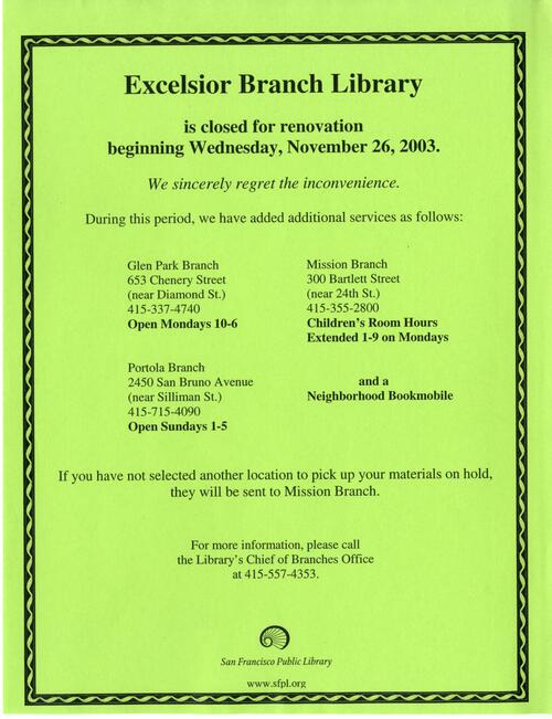 Excelsior Branch Library closed