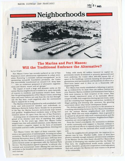 The Marina and Fort Mason Will the Traditional Embrace the Alternative - Nov 1981