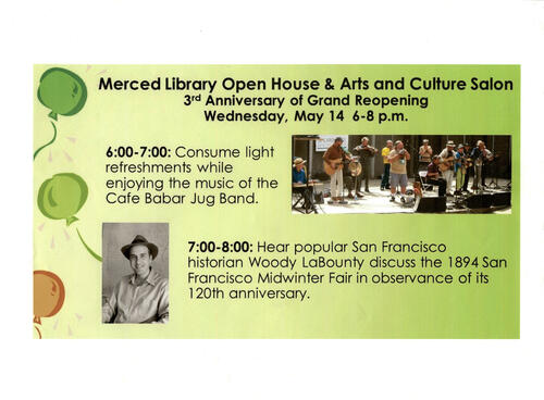 Merced Library Open House & Arts and Culture Salon flyer