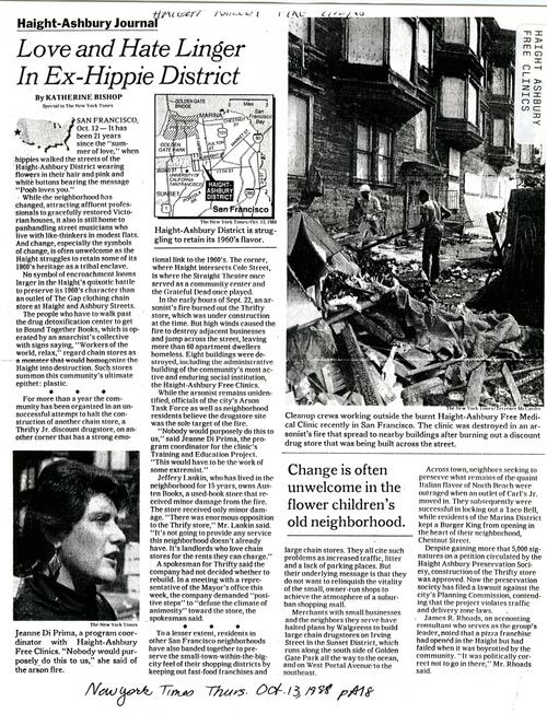 Love and Hate Linger In Ex-Hippie District, New York Times, October 13 1988