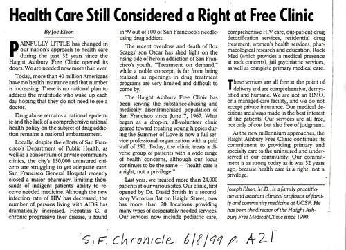 Health Care Still Considered a Right at Free Clinic, San Francisco Chronicle, June 8 1999