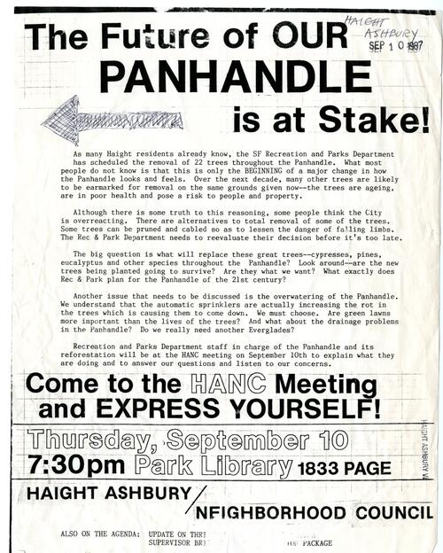 The Future of Our Panhandle, Haight Ashbury Neighborhood Council, Flyer, 1987