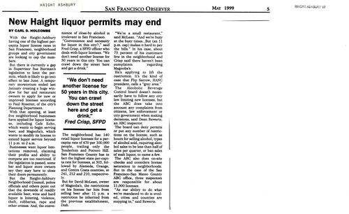 New Haight Liquor Permits May End, SF Observer, May 1999