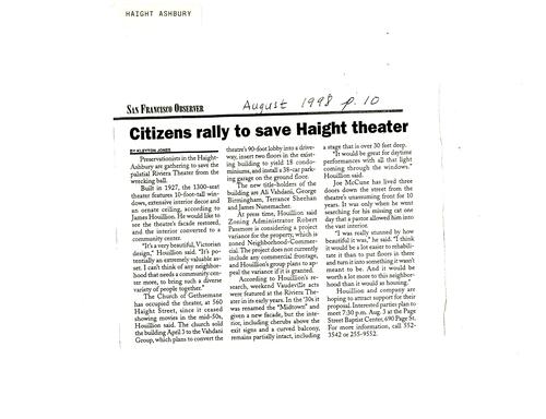 Citizens rally to save Haight theater, San Francisco Observer, August 1998.