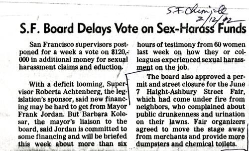 S.F. Board Delays Vote on Sex-Harass Funds, San Francisco Chronicle, February 1992