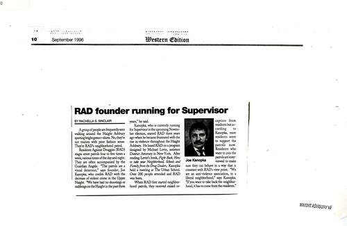 RAD Founder Running for Supervisor, Western Edition, September 1996