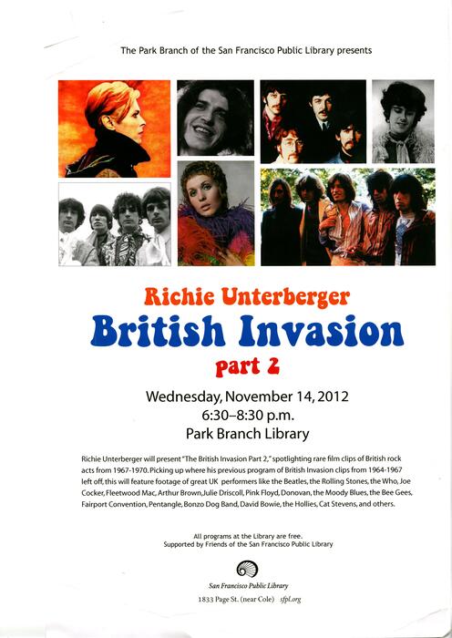 Richie Unterberger British Invasion Part 2, November 14 2012, Park Branch, Poster