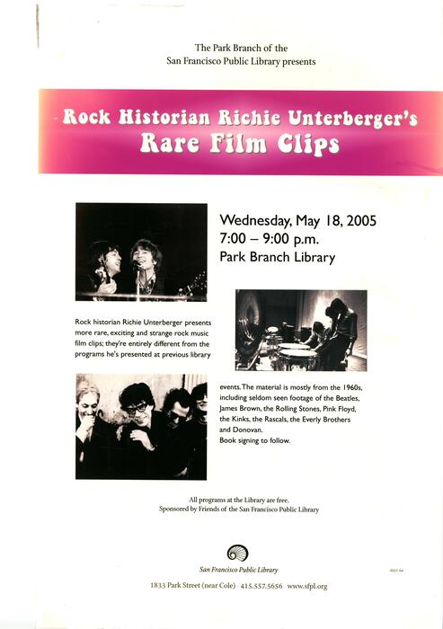 Rock Historian Richie Unterberger's Rare Film Clips, Poster, May 2005, Park Branch