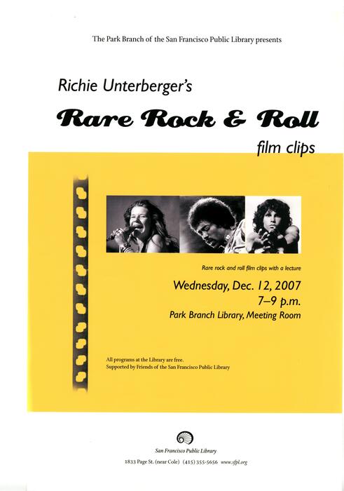 Richie Unterberger's Rare Rock and Roll Film Clips, Poster, December 2007, Park Branch