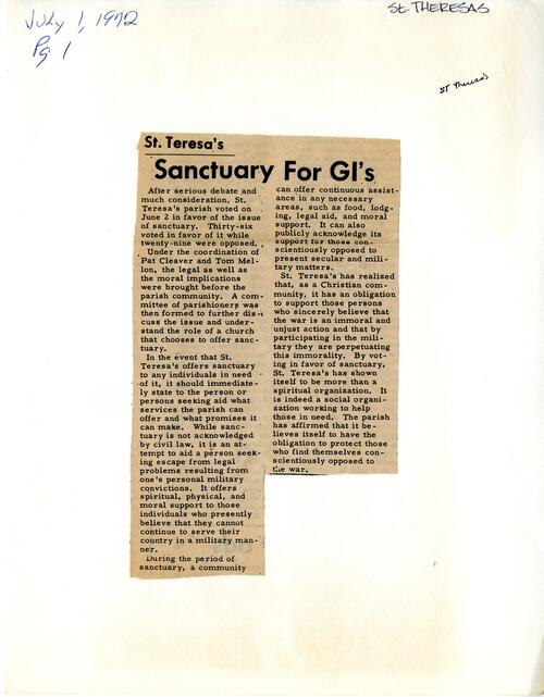St. Teresa's Sanctuary For GI's, July 1972