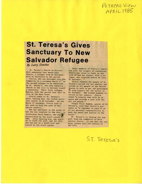 St. Teresa's Gives Sanctuary to..., Potrero View, April 1985
