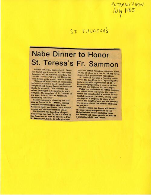 Nabe Dinner to Honor St. Teresa's..., Potrero View, July 1985