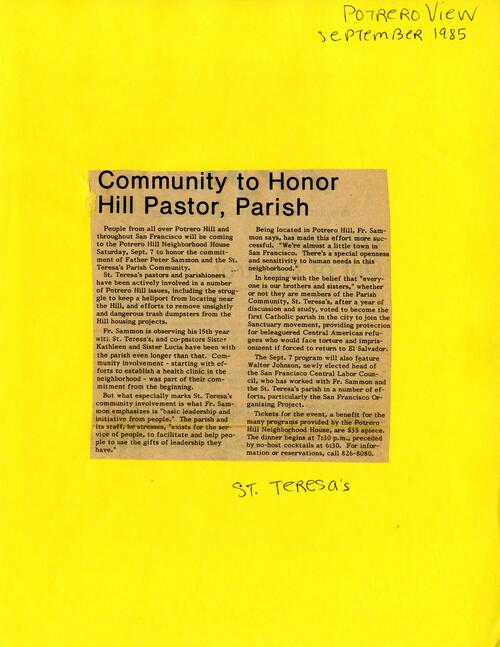 Community to Honor Hill Pastor, Parish, Potrero View, September 1985