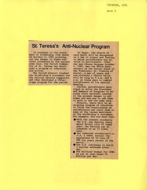 St. Teresa's Anti-Nuclear Program, December 1981