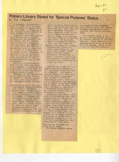 Potrero Library Slated for Special Purpose Status, Potrero View, April 1982, page 1
