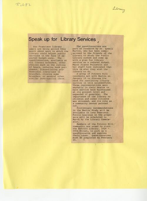 Speak up for Library Services, Potrero View, February 1982