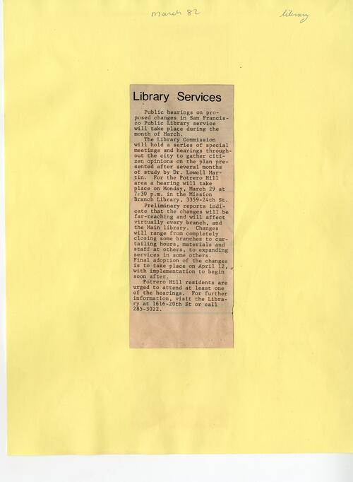 Library Services, Potrero View, March 1982