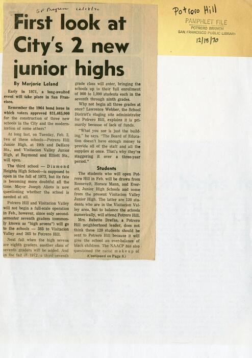 First look at City's 2 new junior highs; newspaper article, San Francisco Progress (p. 1 of 2), 12-18-1970
