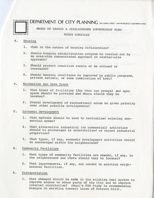 Suggested Outline for Potrero Hill Neighborhood Improvement Plan; San Francisco Department of City Planning; (p. 3 of 4); 1977