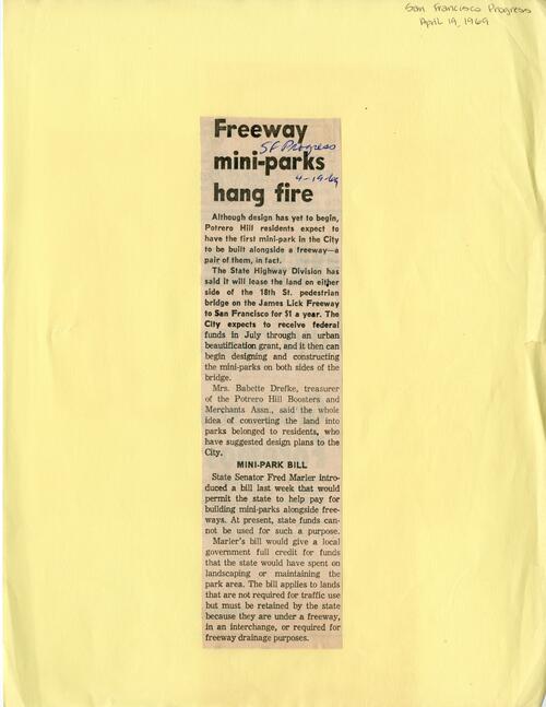 Freeway Mini-parks Hang Fire; newspaper article; San Francisco Progress; 04-19-1969