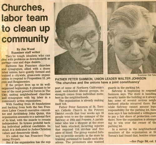 Churches, labor team to clean up community; newspaper article; San Francisco Chronicle (p. 1 of 2); 12-12-1982