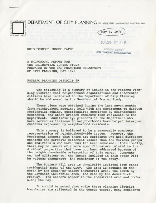 A Background Report for the Residential Zoning Study prepared by the San Francisco Department of City Planning (p. 1 of 7), May 5, 1975.
