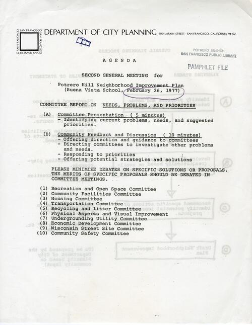 Department of City Planning Agenda for Buena Vista School (p. 1 of 2); February 26, 1977