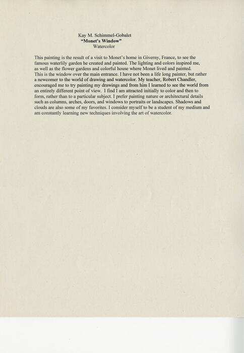 Kay M Schimmel-Gobalet, Monet's Window, description