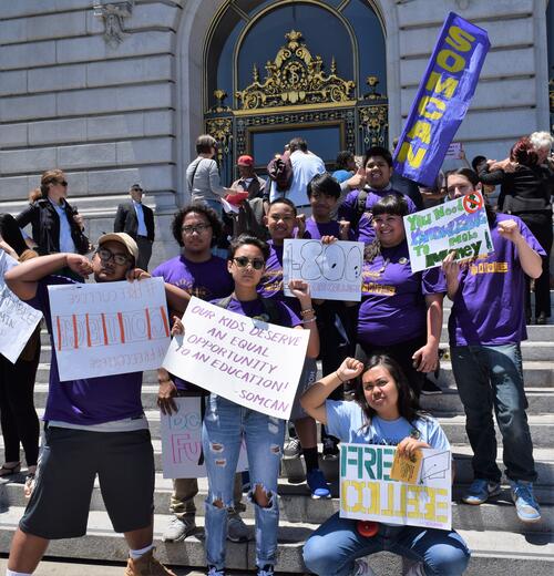 [Members of Youth Arm of SOMCAM in front of City Hall participating in the fight for free tuition at City College]