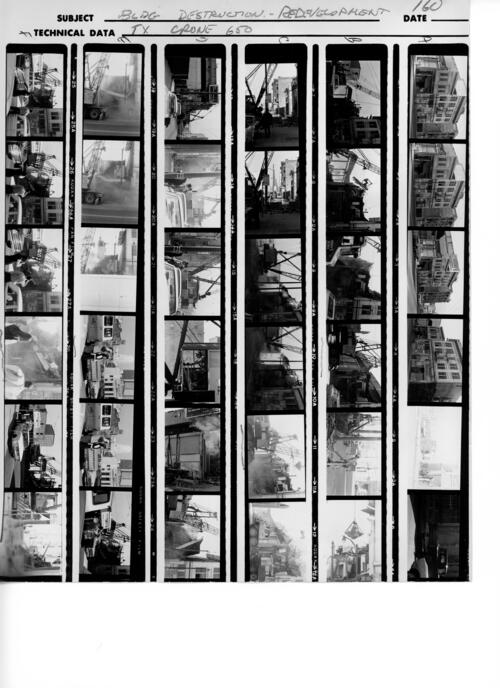 [Contact sheet of a film roll documenting the demolition of a building as part of South of Market Redevelopment,