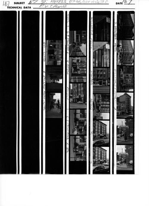 [Contact sheet of a film roll documenting primarily South of Market hotels]