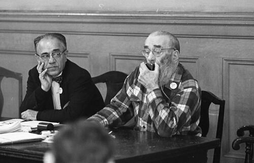 [George Woolf (right) on panel at a meeting of Tenants and Owners in Opposition to Redevelopment (TOOR) at Milner Hotel,