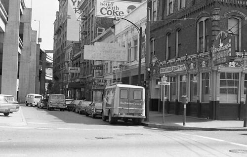 [Corner of Mission and Embarcadero looking south, view of hotels and Embarcadero Freeway]