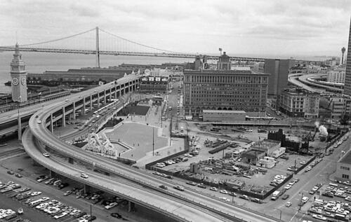[View of the Embarcadero from above, as seen from a Golden Gateway building]