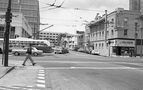 [11th Street at Mission looking north, Sherman Hotel and Coliseum Cafe & Tavern on corner]