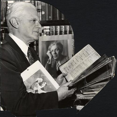 [Irving C. Ackerman shown looking through a collection of playbills from the old Orpheum Theatre]