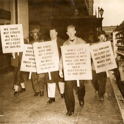 [Seamen picketing the 220 Bush-st offices of the War Shipping Administration]