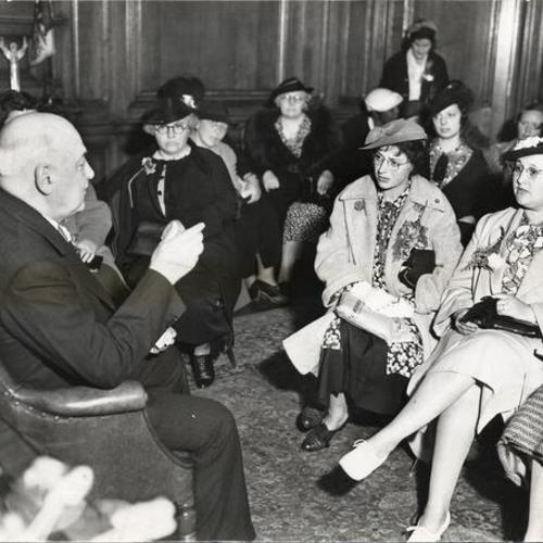 [Group of longshoremen's wives meeting with Mayor Rossi during waterfront strike]