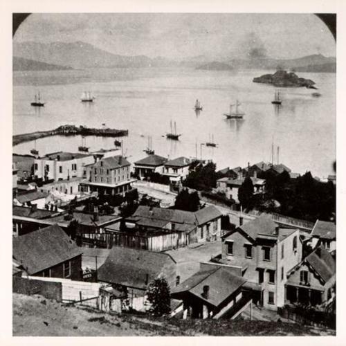 [View of San Francisco waterfront from Telegraph Hill, with Alcatraz Island in distance]