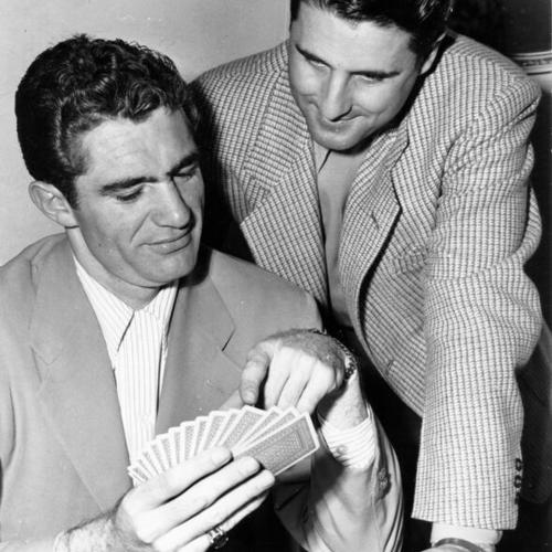 [San Francisco Seals players Dino Restelli and Ray Orteig playing pinochle]