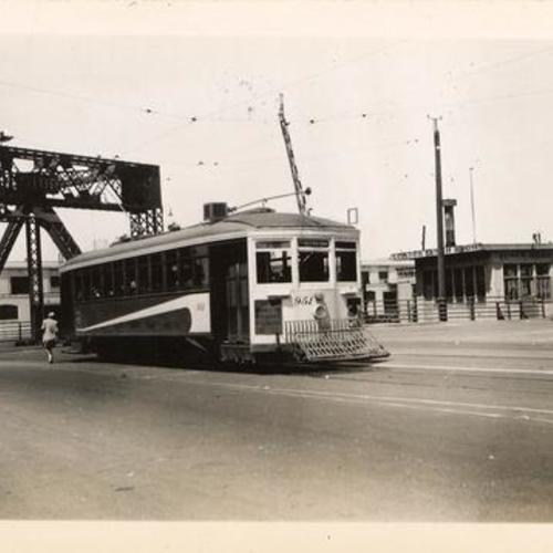[Third and Channel Streets looking north at Market Street Railway #16 line car 951 exiting Third Street Drawbridge]
