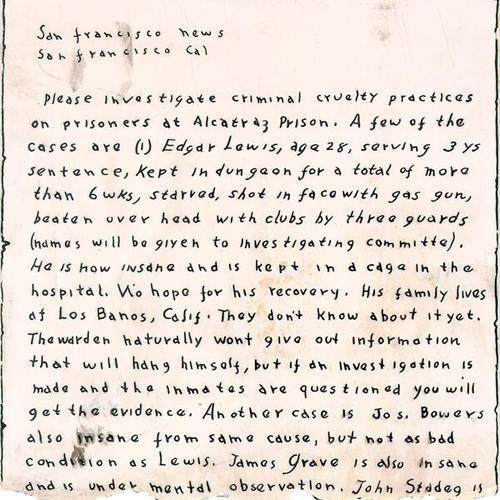 [Part of letter that was smuggled from Alcatraz Prison to San Francisco News]