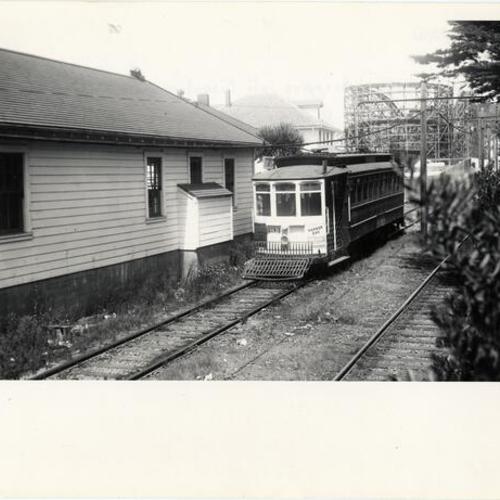 [Golden Gate Park Private Right of Way behind Coast Guard Life Saving Station south of Fulton Street looking north at inbound #7 line car 134]