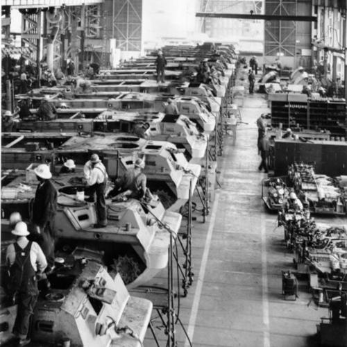 [Marine LVT's being converted on assembly line at the San Francisco Naval Shipyard]