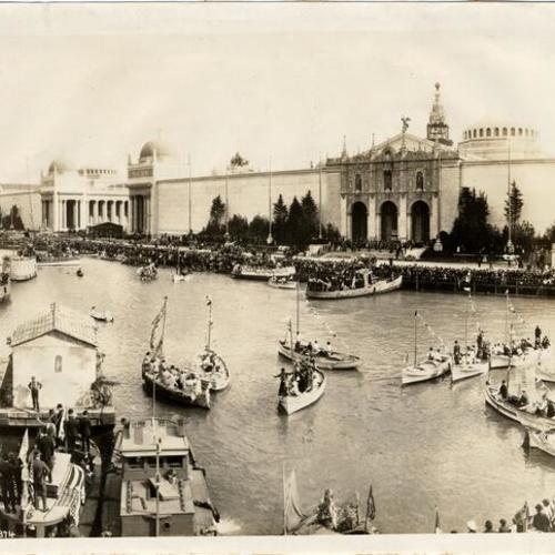 [Decorated boats for celebration of Columbus Day, Palaces of Agriculture and Transportation in background]