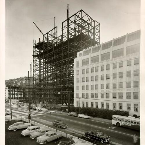 [Steel frame construction of the University of California Medical Science Building]